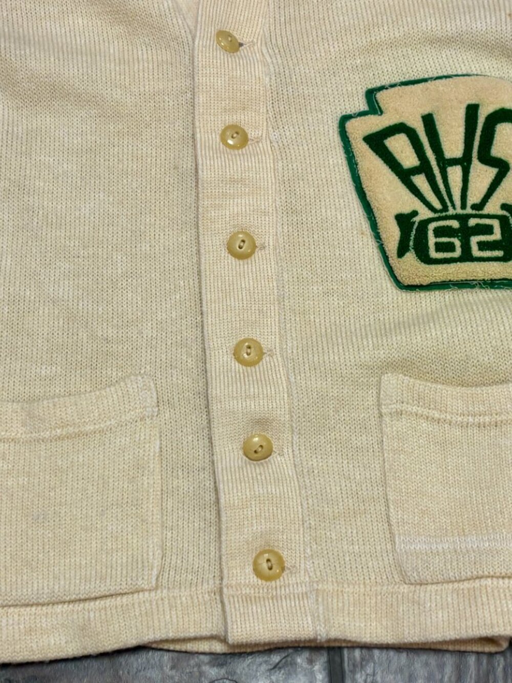 ~~Vintage Lamb Knit Wool Letterman Cardigan Sweater Cream Men's L Size 42....a s